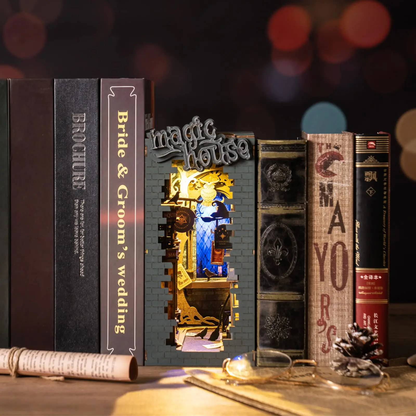 Rolife DIY 3D Wooden Book Nook Puzzle Kit with LED Bookend Diorama Miniature Bookshelf Set Ideal Gift for Adults And Teens