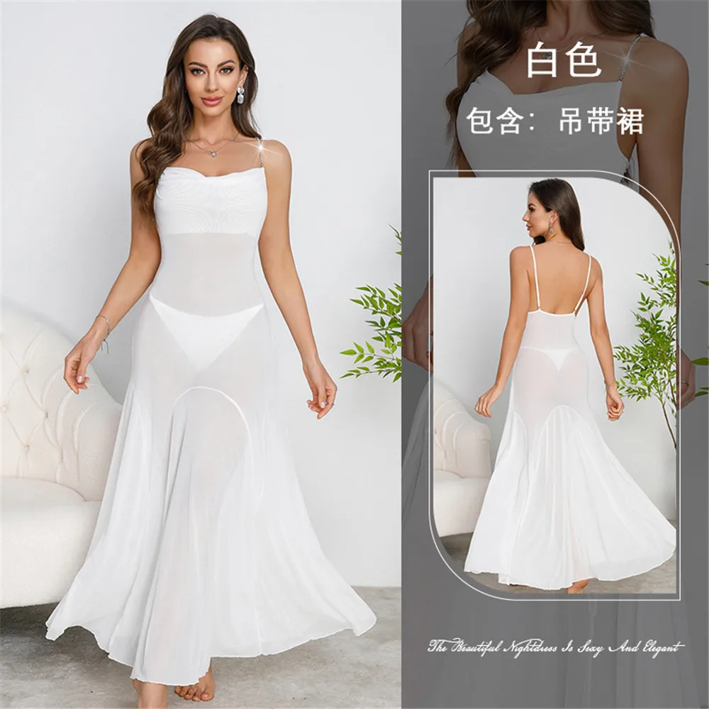 Summer Chiffon Female Long Nightgown Sleepwear Sexy Mesh Suspender Nightdress Nighty Home Dress Loungewear 6