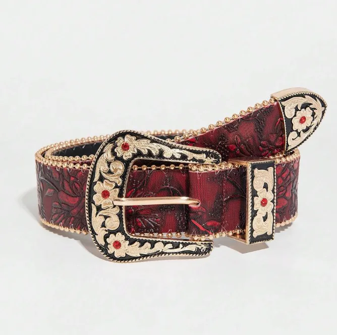 Retro Women's PU Waist Belt with Gemstone Engraved Buckle Multi-color Vintage Palace Style Irregular Flower Embroidery Pattern