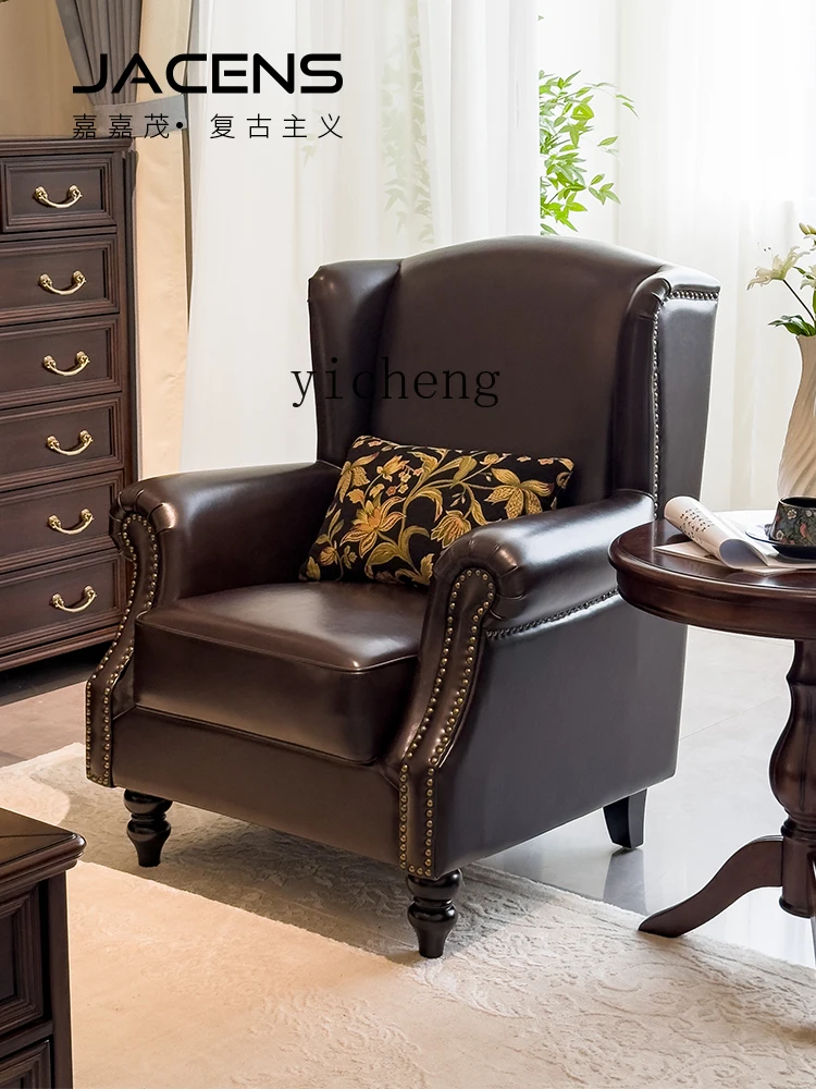 

ZYA retro Style Genuine Leather Single Chair Living Room High Back casual Single Sofa vintage home decor