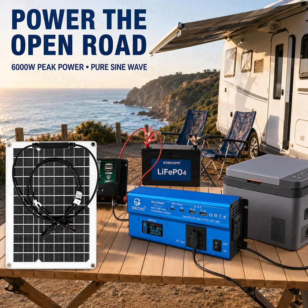Solar Energy Kit 6000W Peak Clean Power for RV Camping Pure Sine Inverter + 600W Panel + 60A MPPT Charging DC12V/24V AC110V/220V