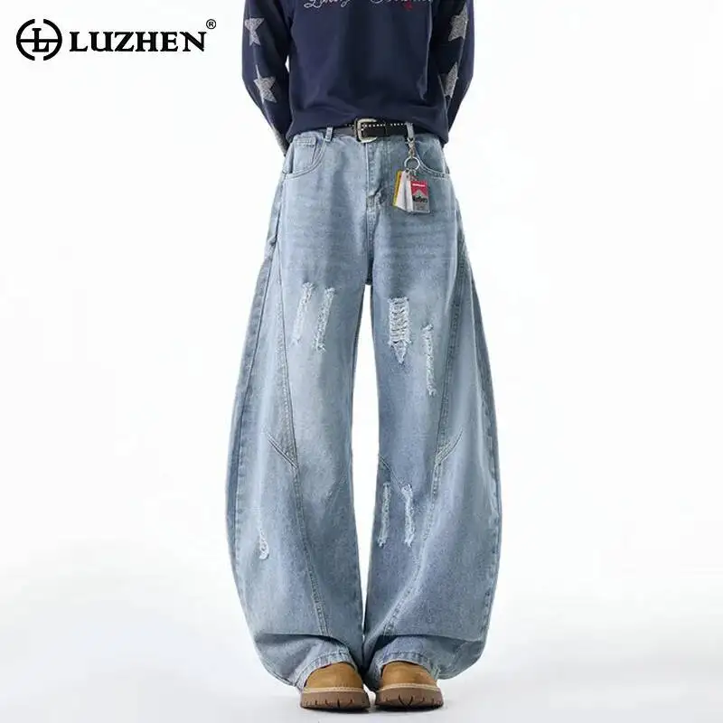 LUZHEN 2026 New Original Wornout Burr Patched Niche Design Straight Jeans Men's Fashion Loose Casual Wide Leg Denim Pants JY7906