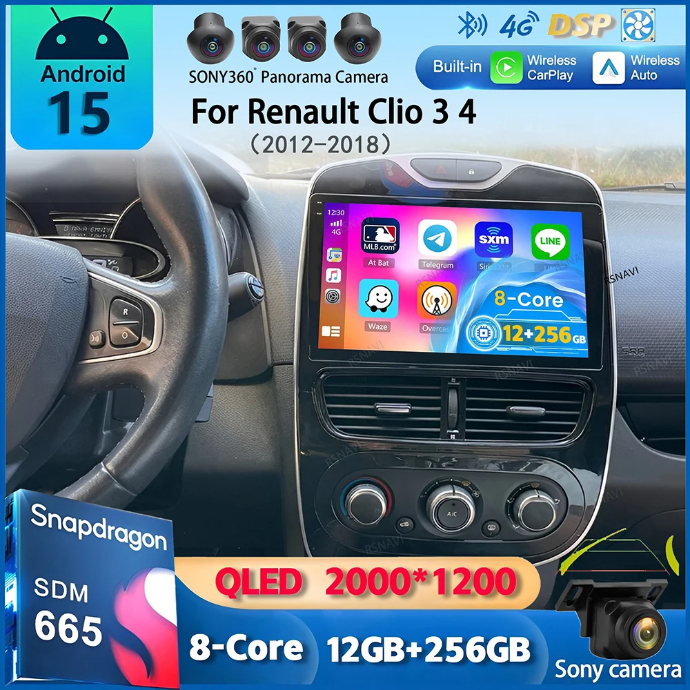 أندرويد 15 Carplay شاشة السيارات راديو السيارة مشغل وسائط متعددة لرينو كليو 3 4 2012-2015 2016-2018 Autoradio وحدة رئيس ستيريو