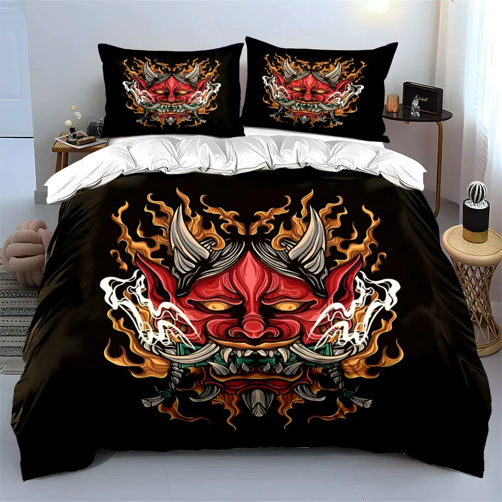 Japanese Oni Mask Bedding Set,Traditional Red Hannya Demon Mask with Flames Print Duvet Cover+2 Pillowcases,Tattoo Style Decor