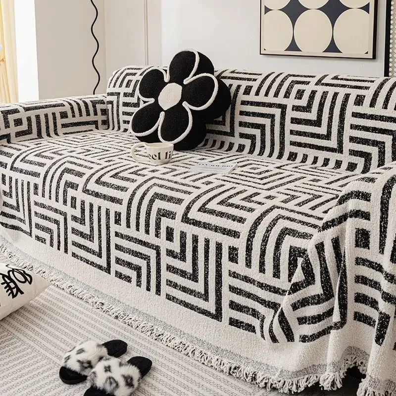 Chenille Reversible Thick Sofa Towel for Decoration Couch Cover with Fringes Throw Blanket Chair Slipcover for Pets Kids