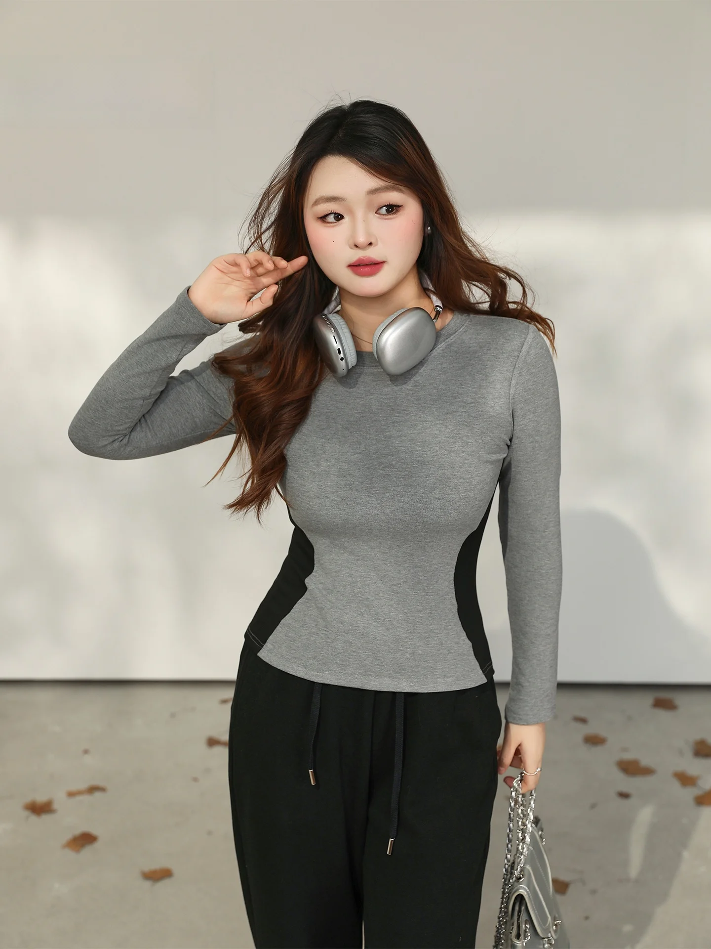 

Slimming Effect T-irt plus Size Women's Faion Spring oulder Color Blo Waist Cinching Casual Print Long Sve Top