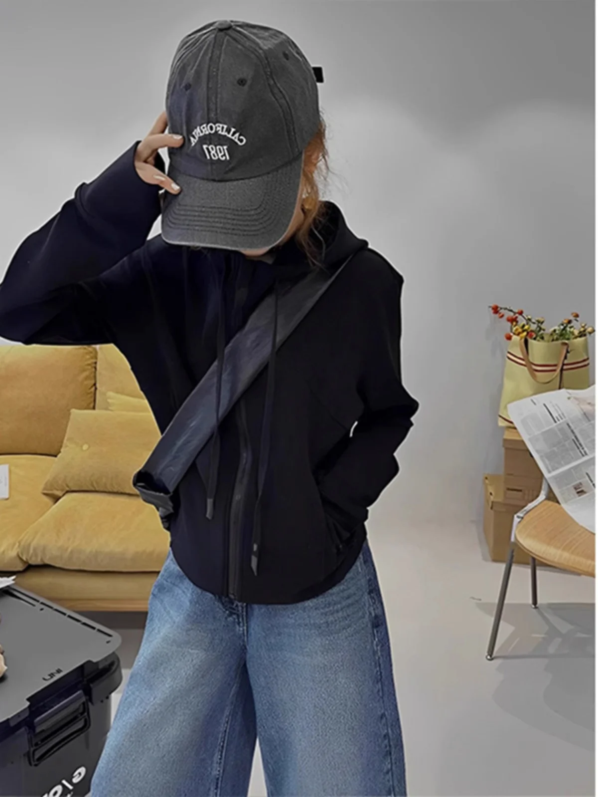 Primavera outono 2025 nova faion casual com capuz frente zip design arco redondo costurado moletom cardigan ort casaco feminino wear