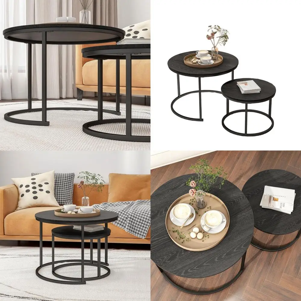 Black Nesting Coffee Table Set, 2 Wooden Accent End Tables with Metal Frame for Living Room, Sturdy Stackable Side Tables, Easy