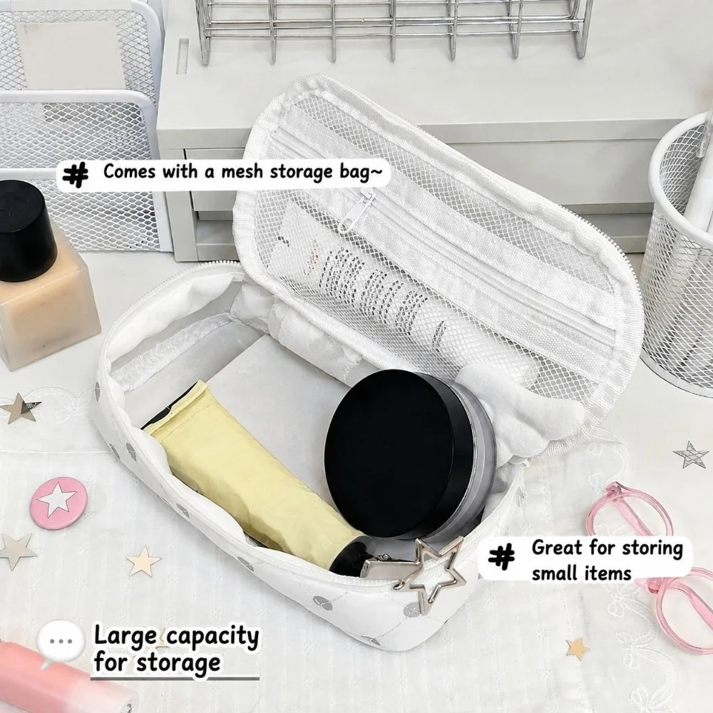 Multi-purpose Polka Dot Print Pencil Case White-Grey Handheld Makeup Pouch Large Capacity Quilted Pencil Pouch School Supplies