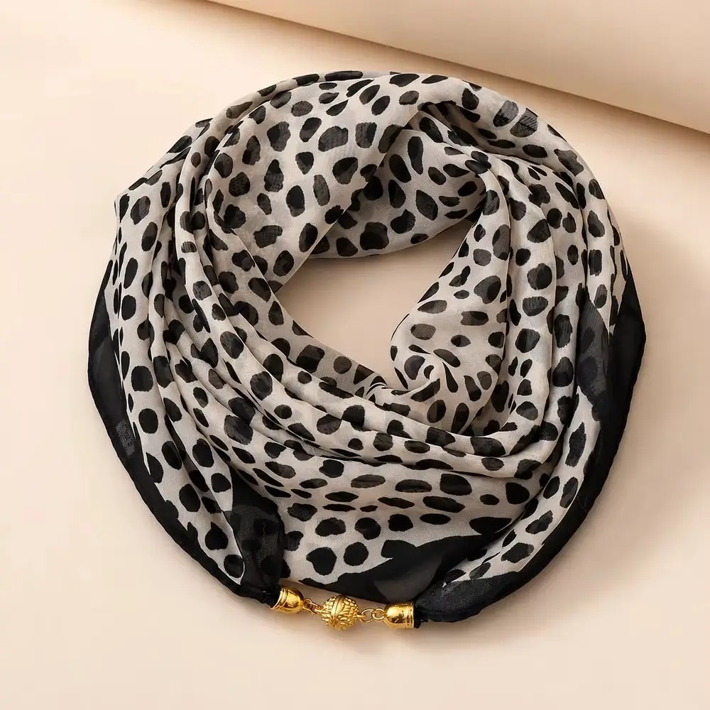 Versatile Soft Magnetic Buckle Scarf Magnetic Snap Thin Leopard Print Square Scarf Adjustable Korean Style Neck Warmer Commuting