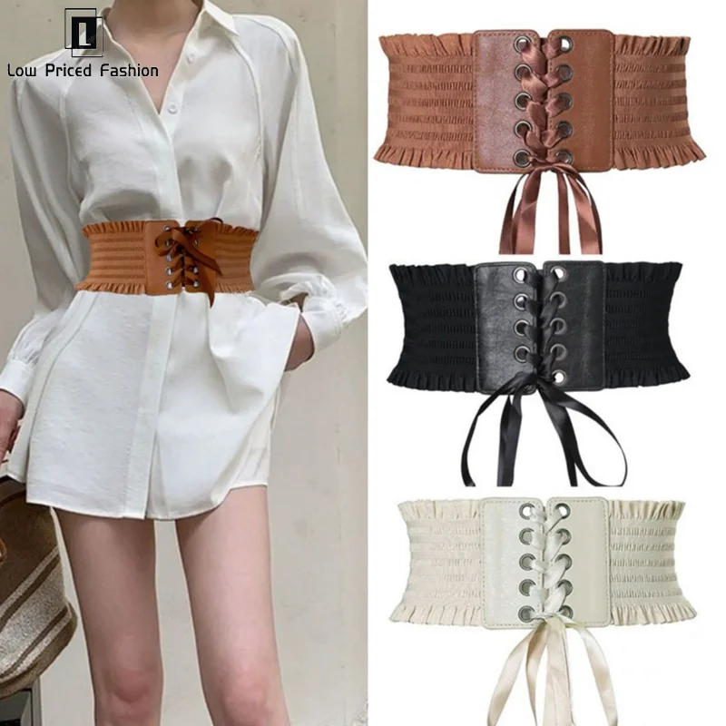 Elegant Ruffles Wide Belts Classic Solid Color Lace Up Waspie Belt Vintage Elastic Waistband Casual Dress Coat Girdle For Women