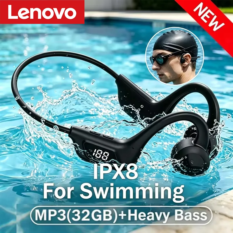 Cuffie a Conduzione Ossea Lenovo Wireless per Nuoto e Sport IPX8 Bluetooth 5.4 con Microfono Impermeabili per Esercizio e Fitness 2026