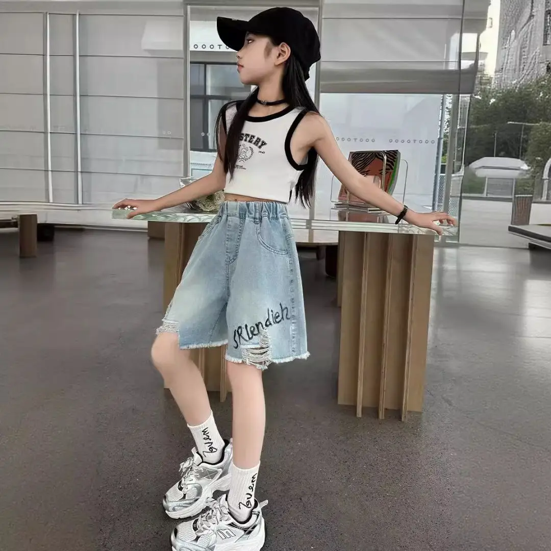 Summer Teenager Girls Hole Denim Shorts Casual  Hand Drawn Letters Junior Girl Half Pants Kids Clothes 4 6 8 10 12 14Y