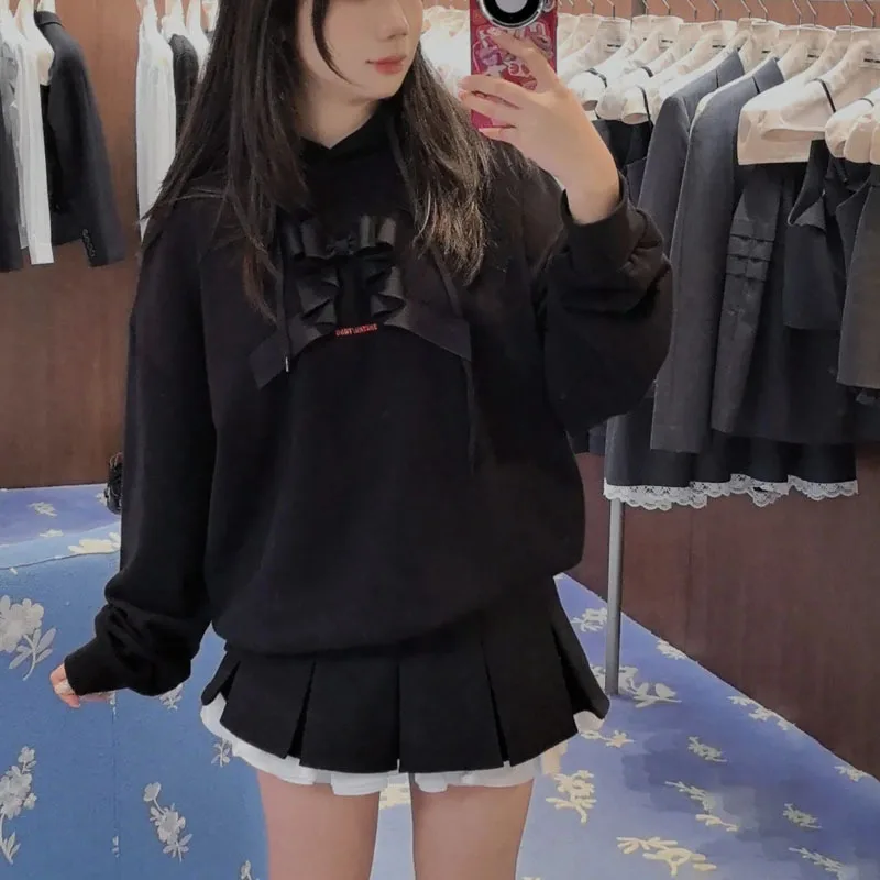 Sweet Hoodie Women Black Loose Plaid 3d Bowknot Sweatshirt Casual Kawaii Streetwear Harajuku Tops Korea Style Spring Autumn