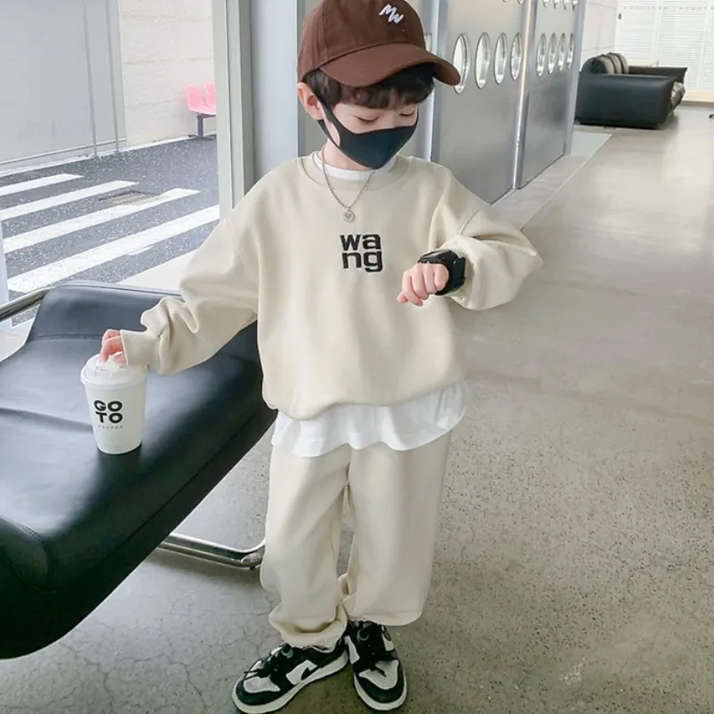 Boys Sweatshirts+Trousers Cotton Kids Sport Suits 2PCS/Set 2023 Apricot Spring Autumn School Teenagers Tracksuit Children Sets