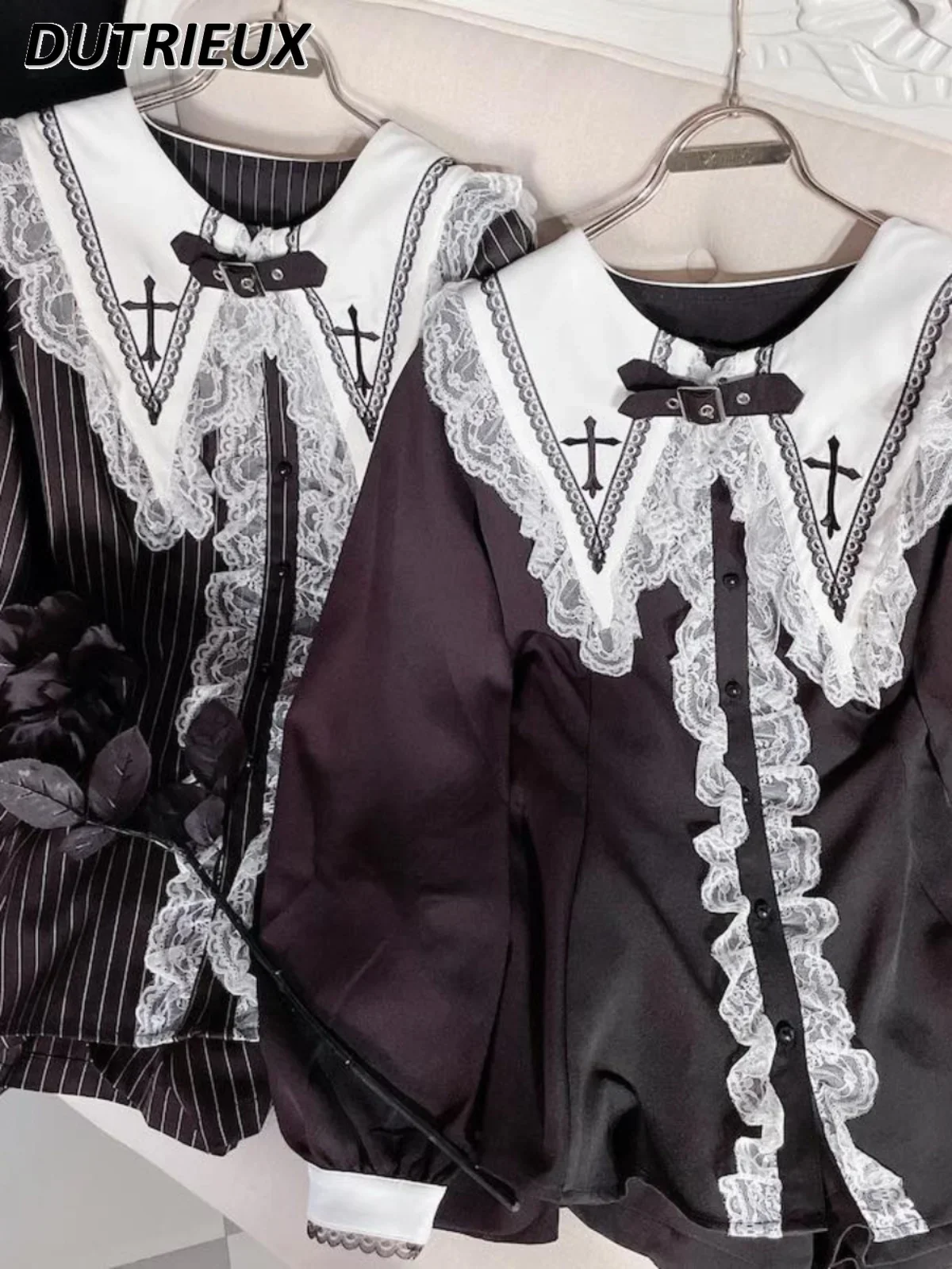 

Japanese Style Cross Embroidered Long Sleeve Waist-Controlled Top Lapel Lace Stitching Shirt and Base Shorts Black Two-Piece Set