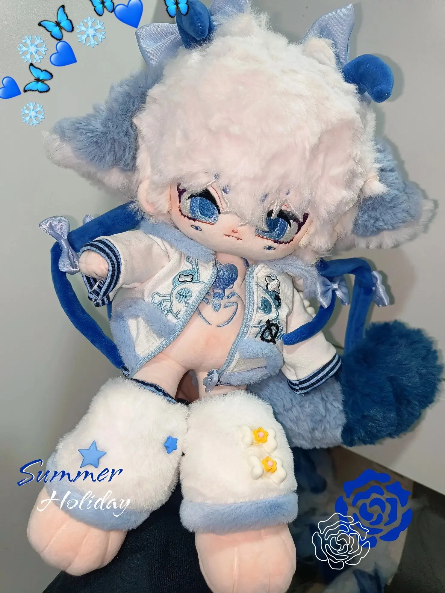 Anime Zhu Chen Monster Devil Blue Hearts Animal Tail Stuffed 30cm Long legs Plushies Plush Cotton Doll Clothes Body Toy For Kids