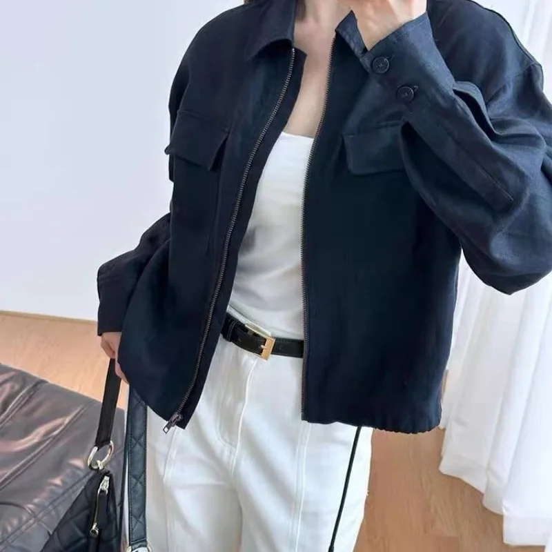 

Chinese Style Turn Down Collar Shirt Jacket Women 2025 New Autumn Long Sleeve Zipper Coat Solid Color High End Linen Clothes