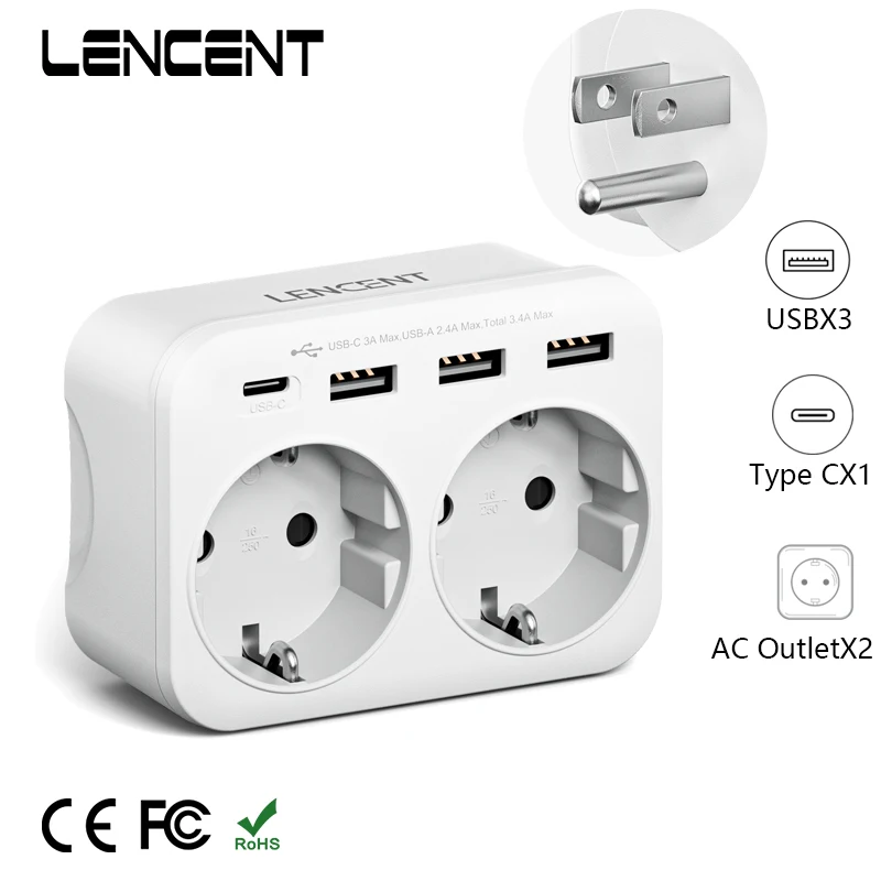 

Адаптер LENCENT для путешествий из Европы в США с 2 розетками переменного тока, 3 USB-портами и 1 вилкой типа C для путешествий из Европы в США для дома и путешествий