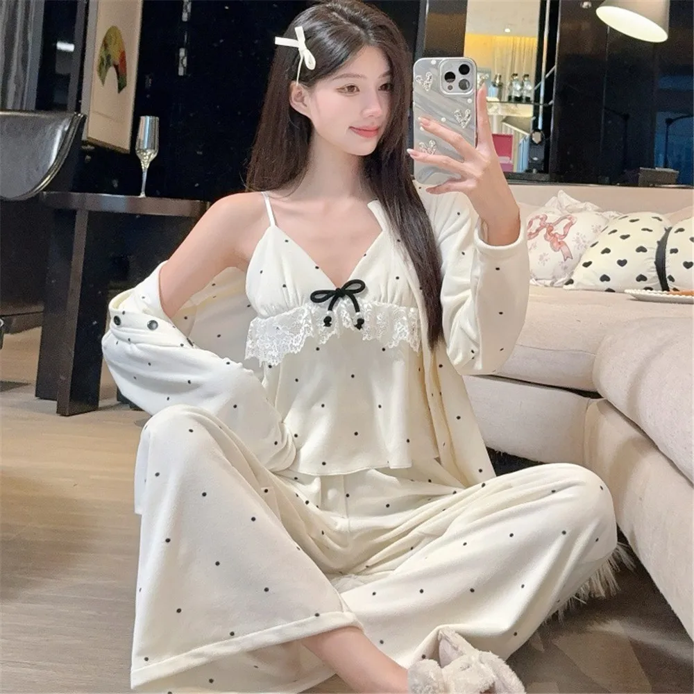 

Autumn Velvet Women 3PCS Pajamas Set Sleepwear Polka Dot Velour Shirt Sling Pants Nightwear Pijamas Suit Sexy Negligee