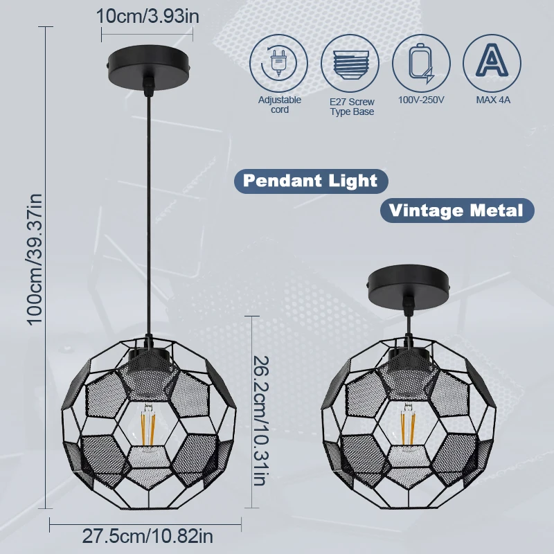 Pendant Light Vintage Metal E27 Industrial Metal Ceiling Lamp Shade Football Hanging Light for Kitchen Dining Room (No Bulbs)