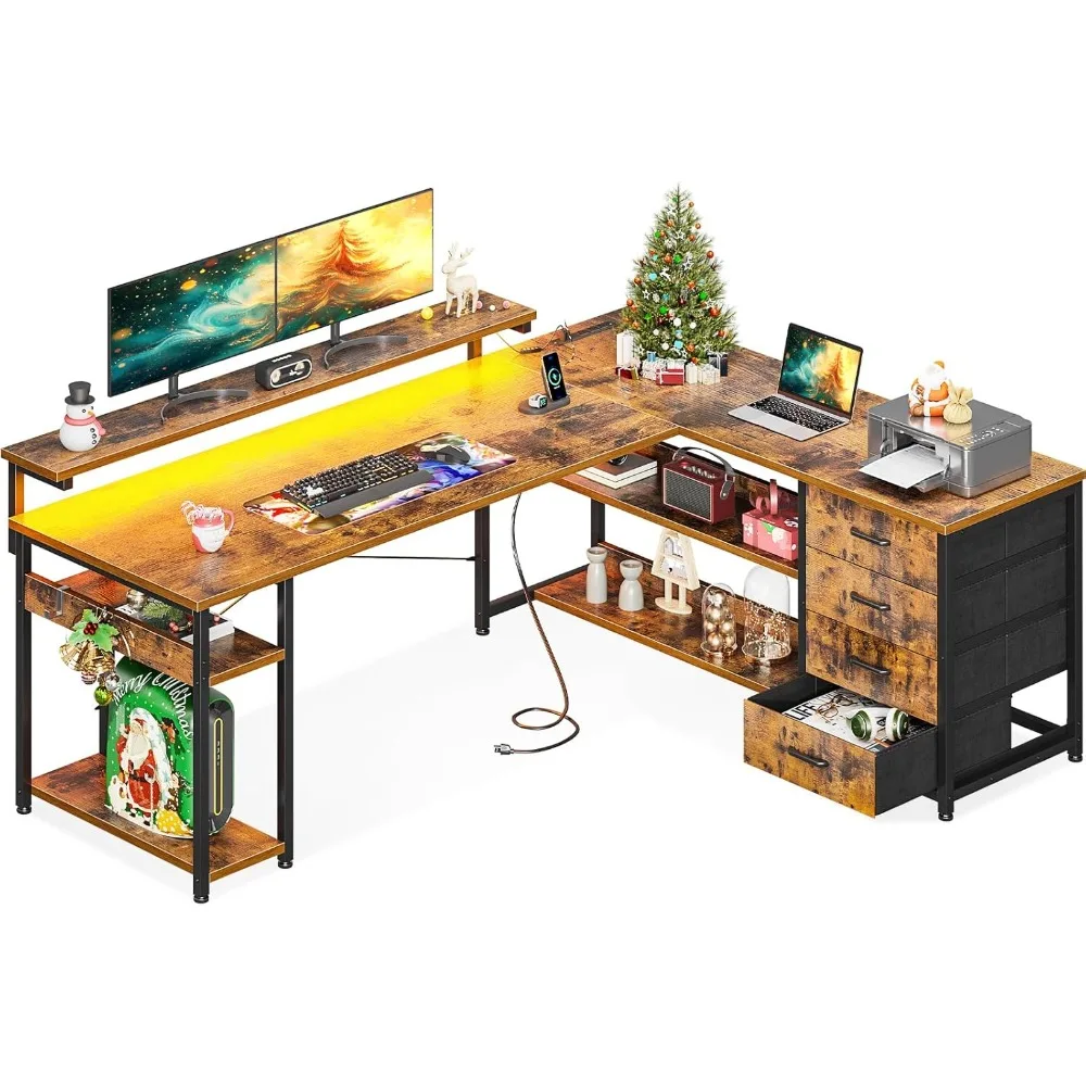 

61" L Shaped Desk with Drawer, Computer Desks with Power Outlets & LED Lights, Reversible Corner Gaming Desks, Office Desk