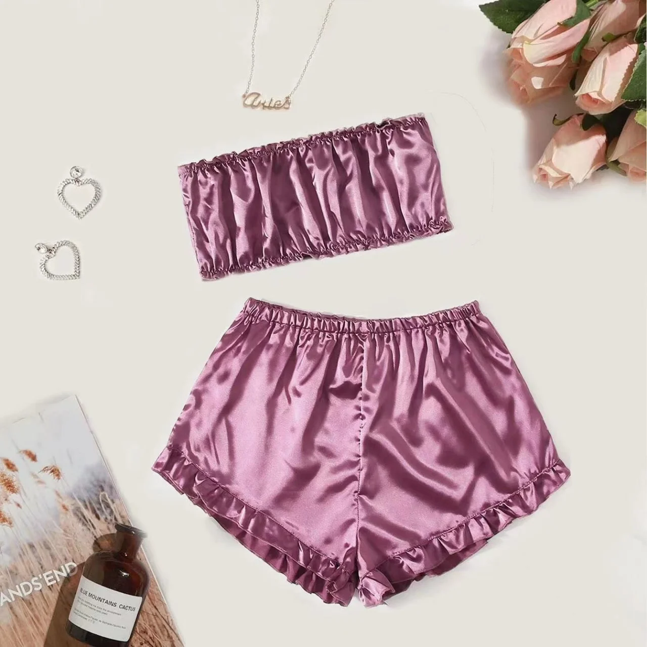 

Women's Satin Bandeau Pajama Set - Ruffled Shorts Silky Loungewear Sweet Nightwear Summer Sleepwear (Burgundy/Pink/Purple)