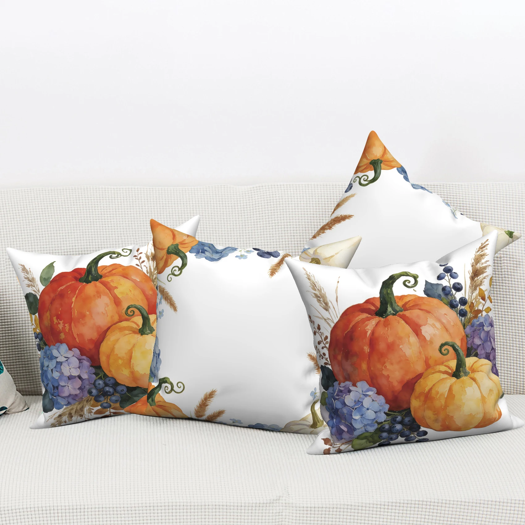 4Pcs/Set Watercolor Pumpkin Throw Pillow Covers, Fall Thanksgiving Hydrangea Pillowcases, Polyester/Linen, Farmhouse Home Decor
