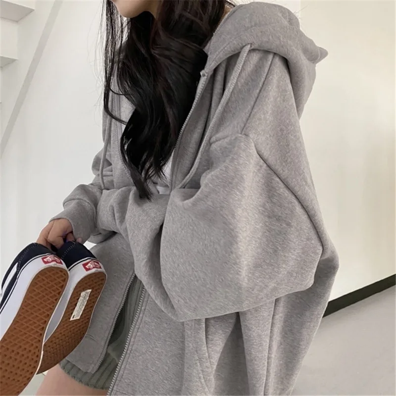 Korean Fashion Zip Up Hoodies Women Autumn Winter Loose Long Sleeve Tops Hood Shirt Solid Streetwear Casual Fleece Sweatshirt