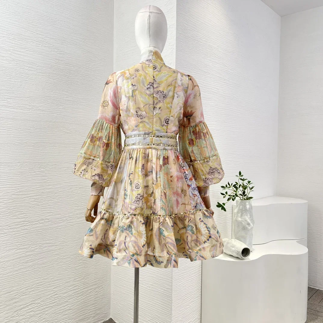 Linen Silk High Quality 2025 New Floral Print Vintage Sequins Full Lantern Sleeve Pleats Ruched Women Mini Dress