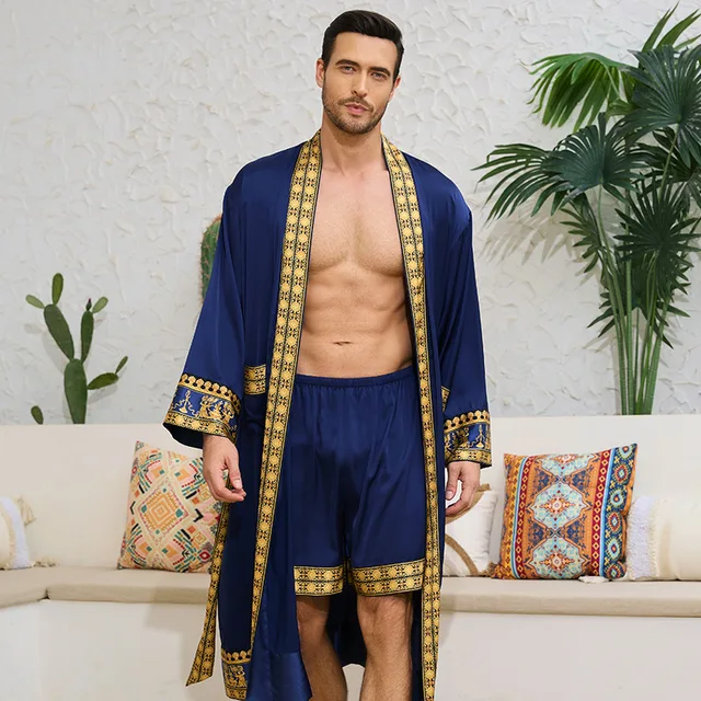 Ensemble pyjama long pour homme, peignoir style baroque, short kimono, vêtements de nuit printemps-été, vêtements d'intérieur en satin