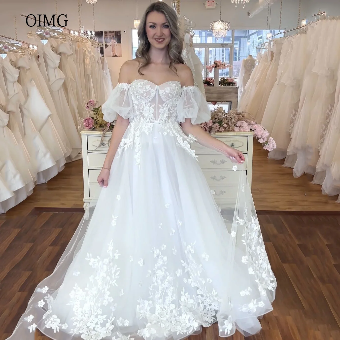 OIMG Pastrol A-line Wedding Dress Sweetheart Neck Bride Dresses Lace Puff Sleeves Wedding Gown vestidos para mujer Customized