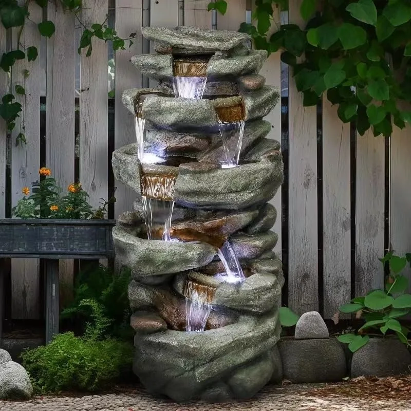 40.5” High Rocks Outdoor Water Fountain - 6-Tiers Cascading Waterfall with LED Lights, Soothing Tranquility for Home Garden,