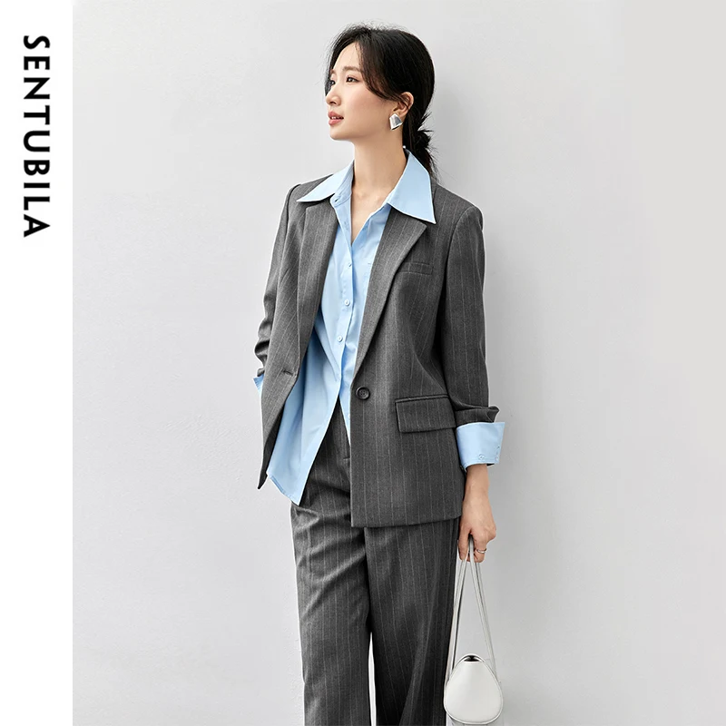 SENTUBILA Women's Texture Striped Pant Suits 2024 Winter Notched Neck Single Button Straight Leg Pants 2 Piece Set 143Z56524