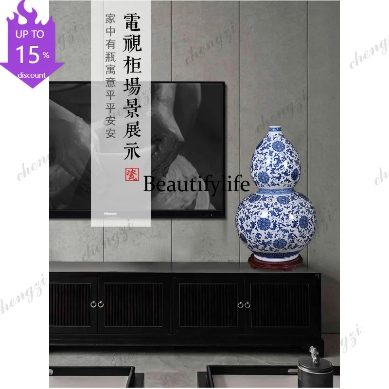H132 Ceramic hand-painted blue and white porcelain vase ornament living room home decoration TV cabinet entrance Chinese style