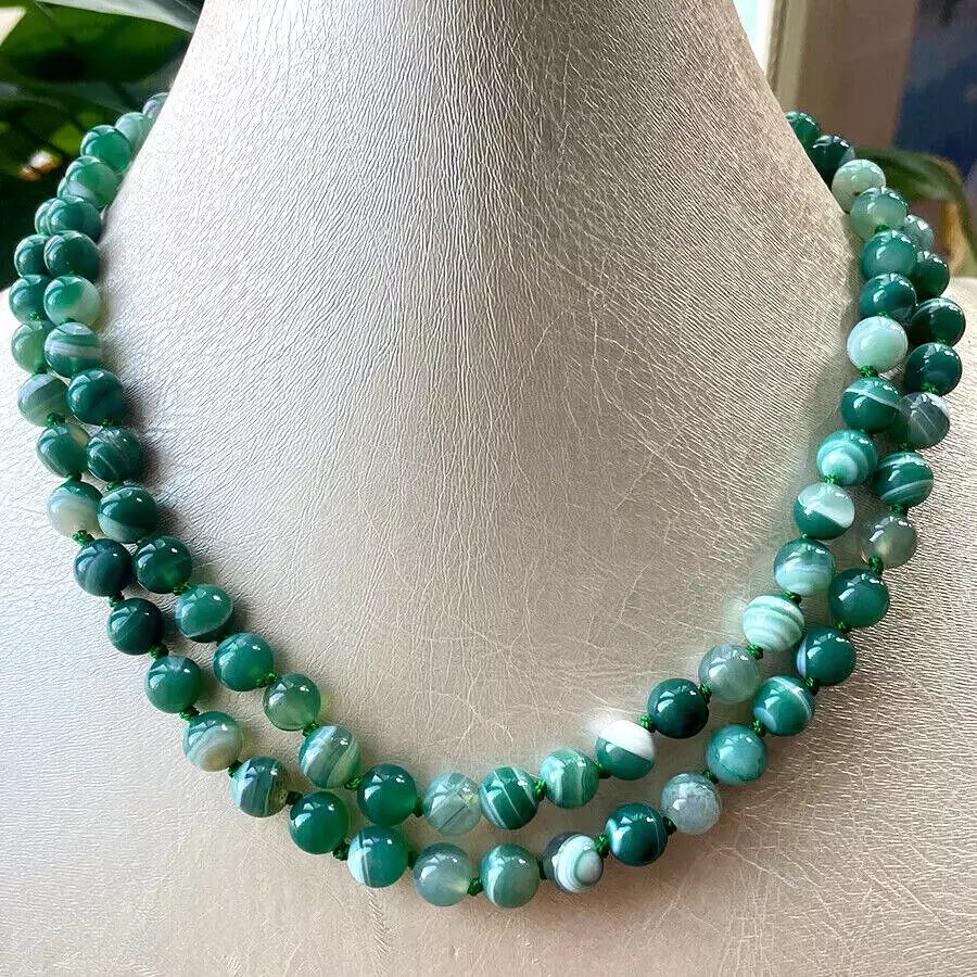 

32" 8mm Natural Green Striped Agate Gemstone Round Beads Knot Necklace AAA
