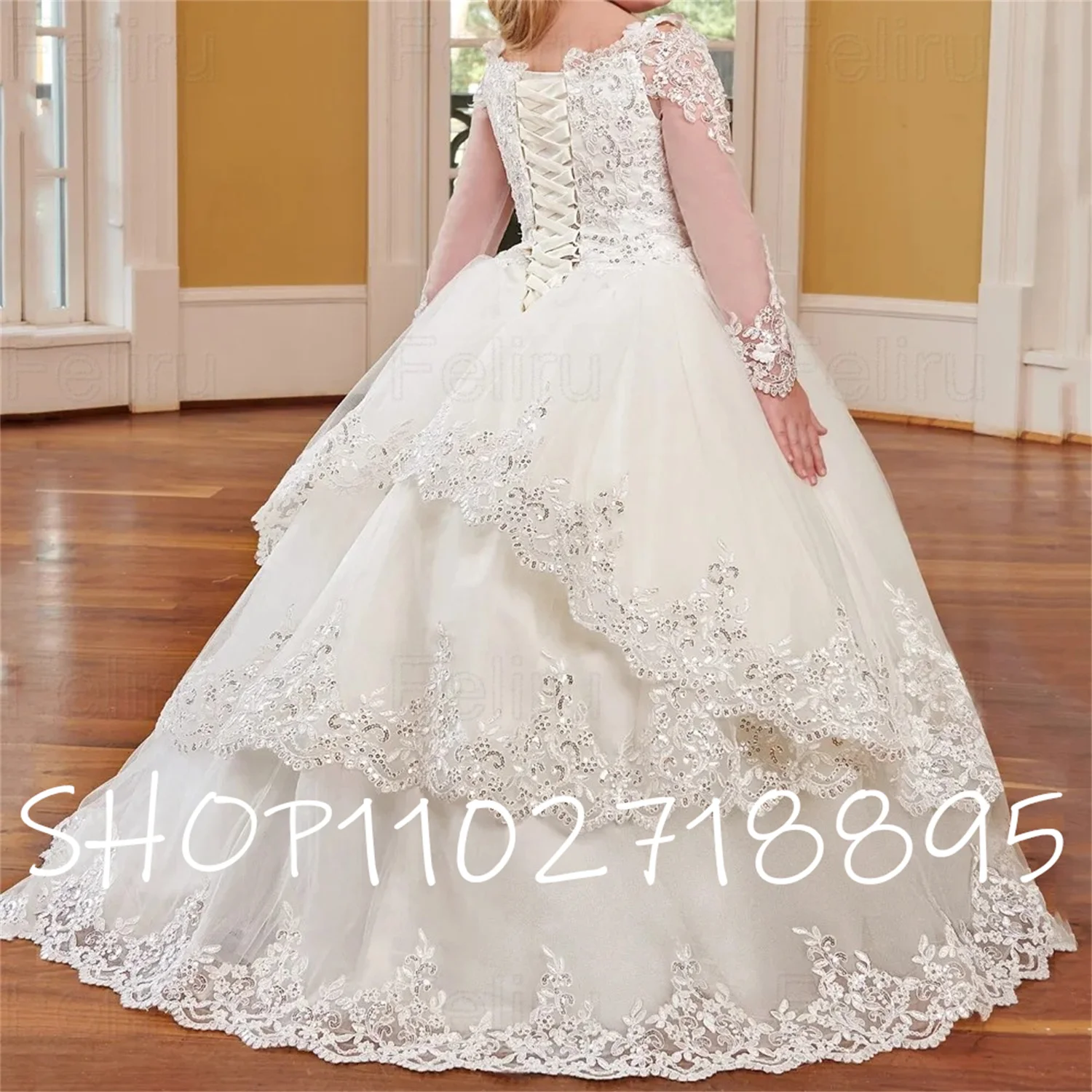 Stunning Sequin Lace Layers Flower Girls' Dresses Long Sleeves Girl's Party Ball Gown 3D Applique with Beads