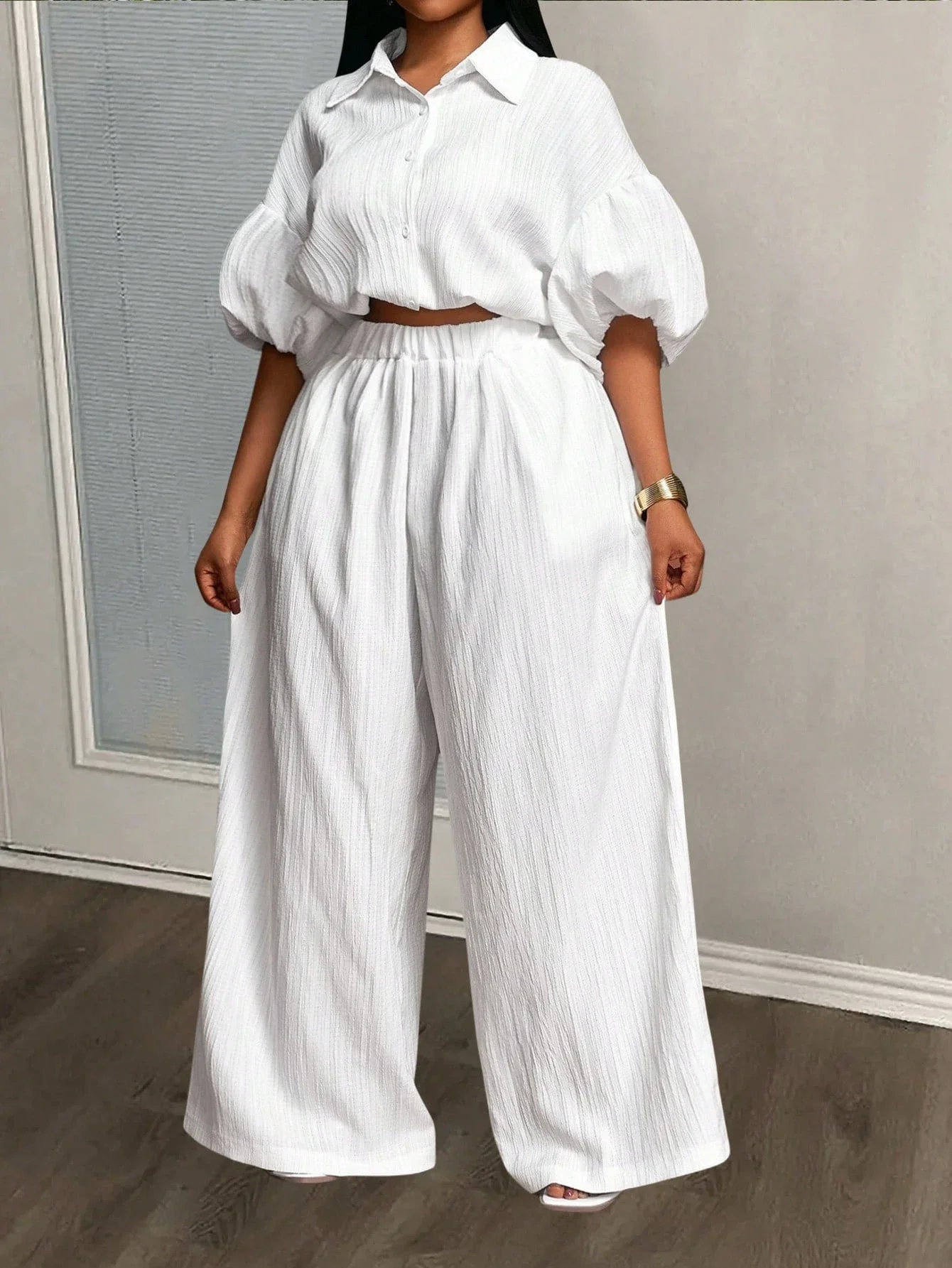 

White Loose Puff Sleeve Shirt And Wide Leg Pants 2pcs Set Summer Casual Outfit
