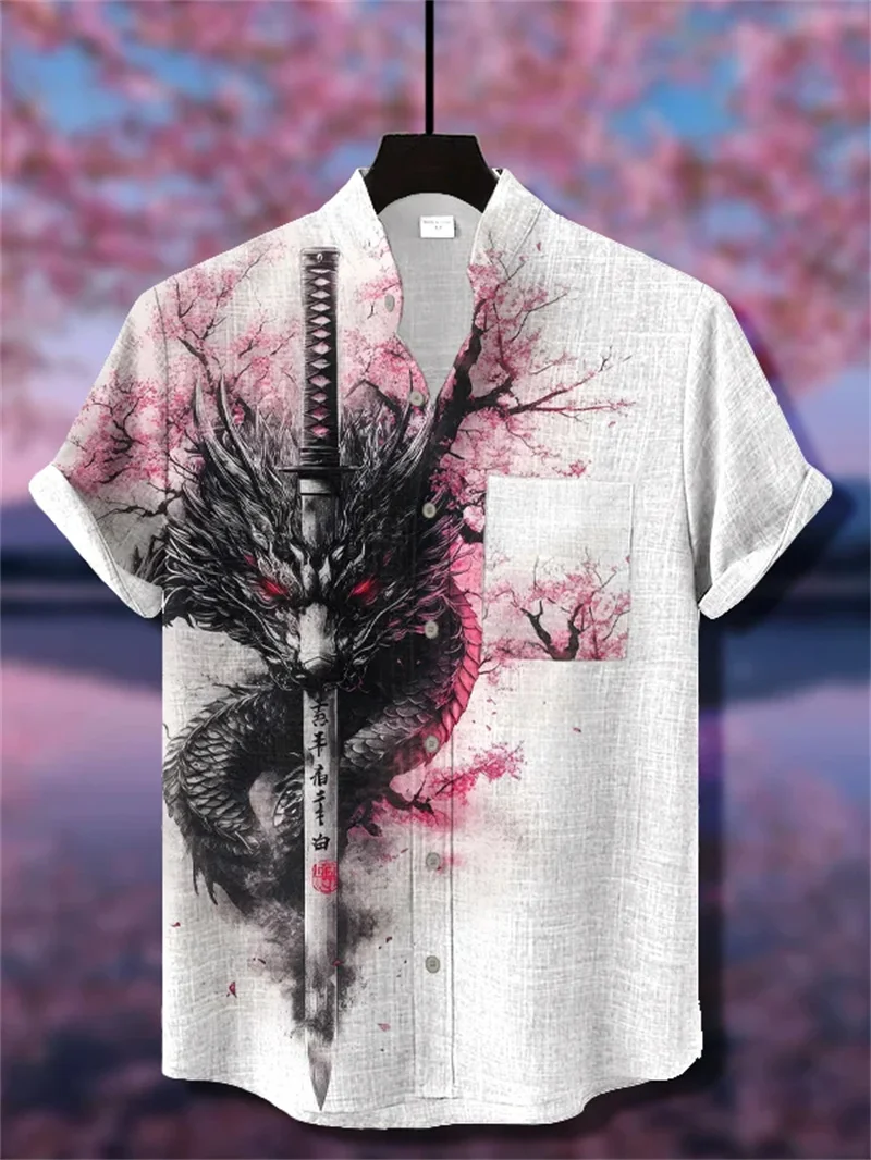 여름 남성 린넨 플로럴 레트로 하와이안 셔츠 잎 패턴 하와이안 빈티지 패션 고품질 의류