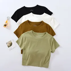 Women's T-Shirts Short Sleeve With Padded Wireless Bust Base Layer Tops Round Neck Crop Tops  Female Blouse Outwear Sleepwear