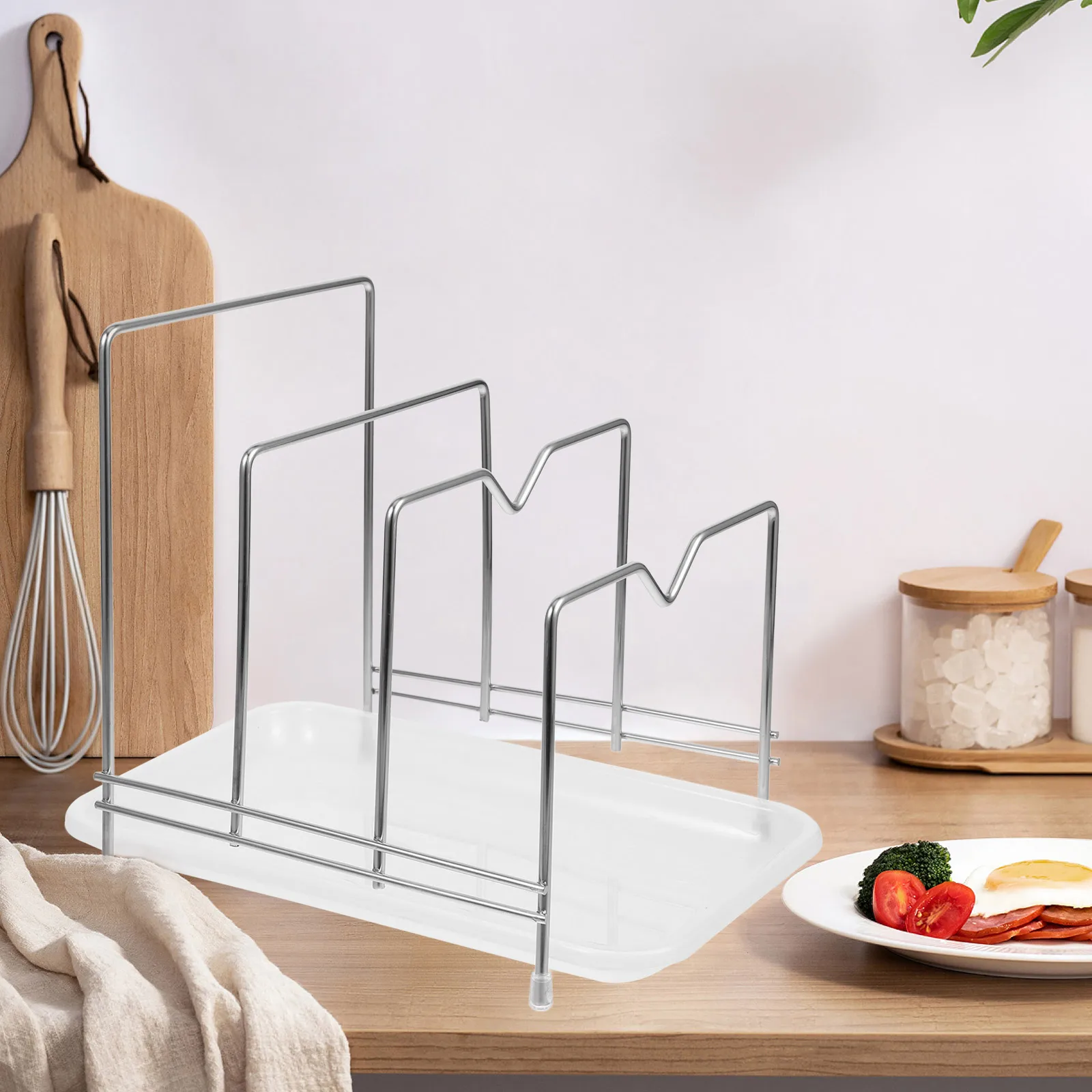 

Stainless Steel Pot Lid Organizer Cutting Board Rack Holder 3-Tier Drainage Tray Kitchen Storage Solution Metal