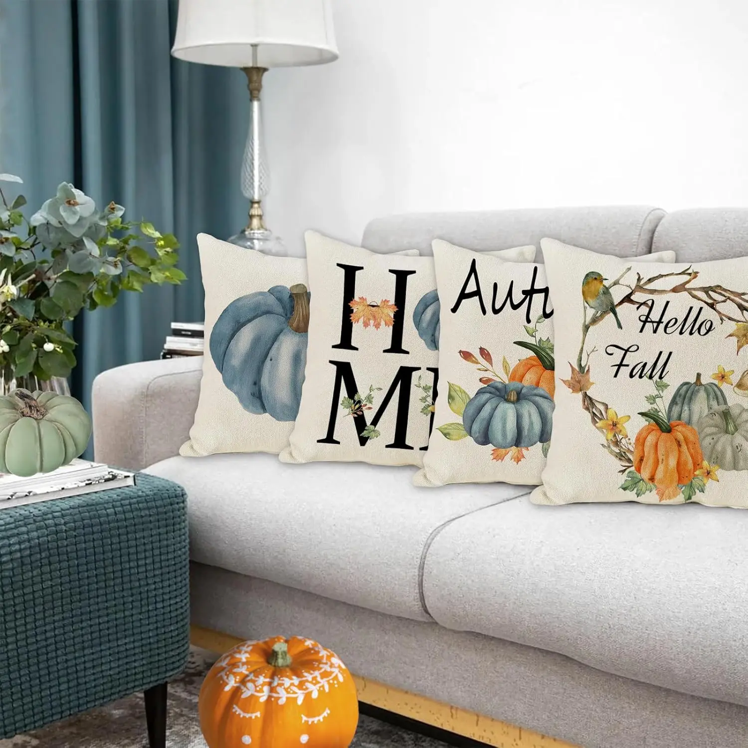 

Juego de 4 fundas de almohada de otoño azules, fundas de cojines de Acción de Gracias, fundas de cojines decorativas de