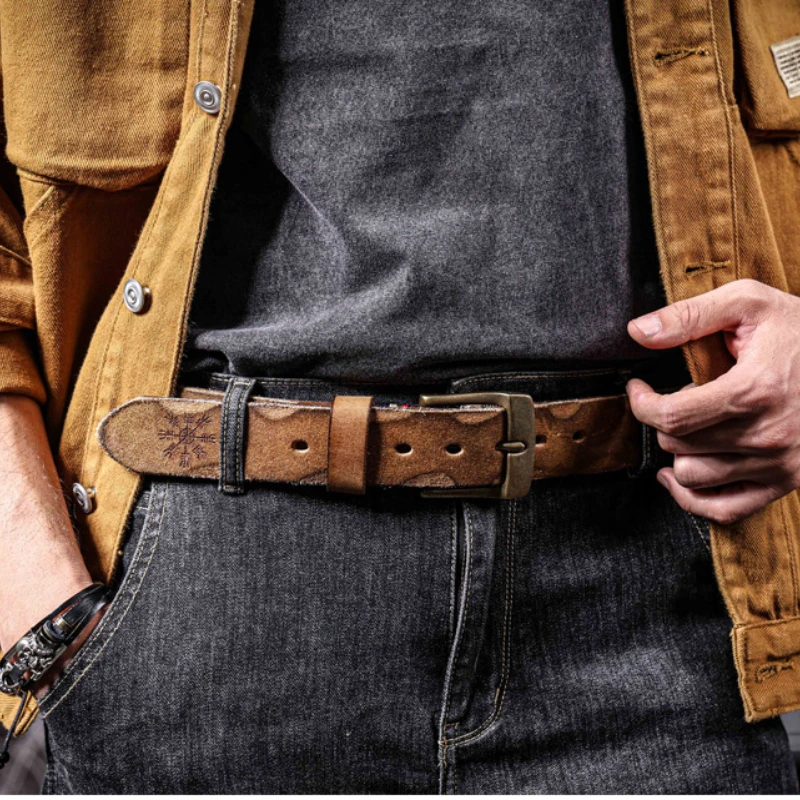 Retro casual top layer cowhide men's belt pure copper pin buckle hand-carved belt simple and versatile cowhide belt 3.8cm