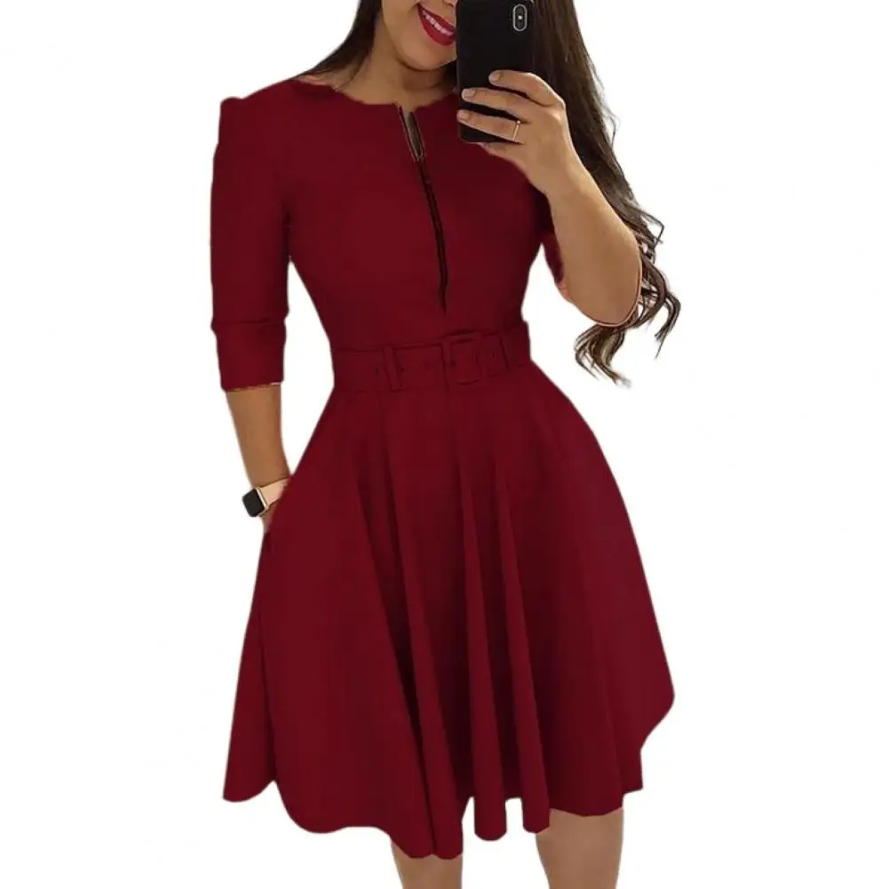 

Women Spring Dress Three Quarter Sleeves with Belt Tight Waist A-line Dress-up Knee Length Zipper Fall Dress Female Clothes