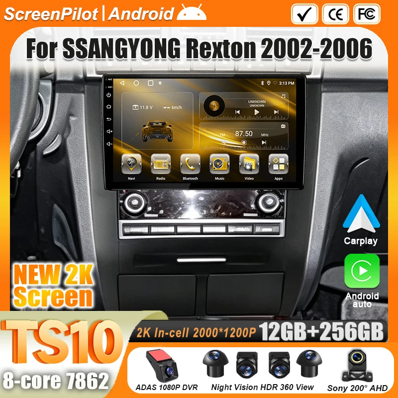 Android 16 For SSANGYONG Rexton 2002 - 2006 Car Radio Stereo Head Unit Multimedia Video Player GPS Navigation 2K QLED 9 Inch RDS
