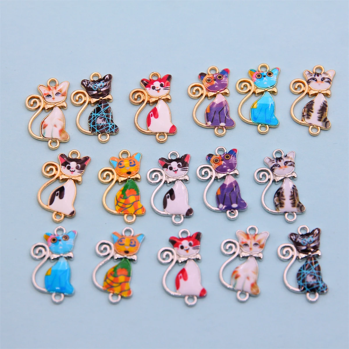 10pcs 25*15mm Mixed Color Cute Printed Cat Jewelry Alloy Connector DIY Cat Tag Earrings Pendant Enamel Pendant