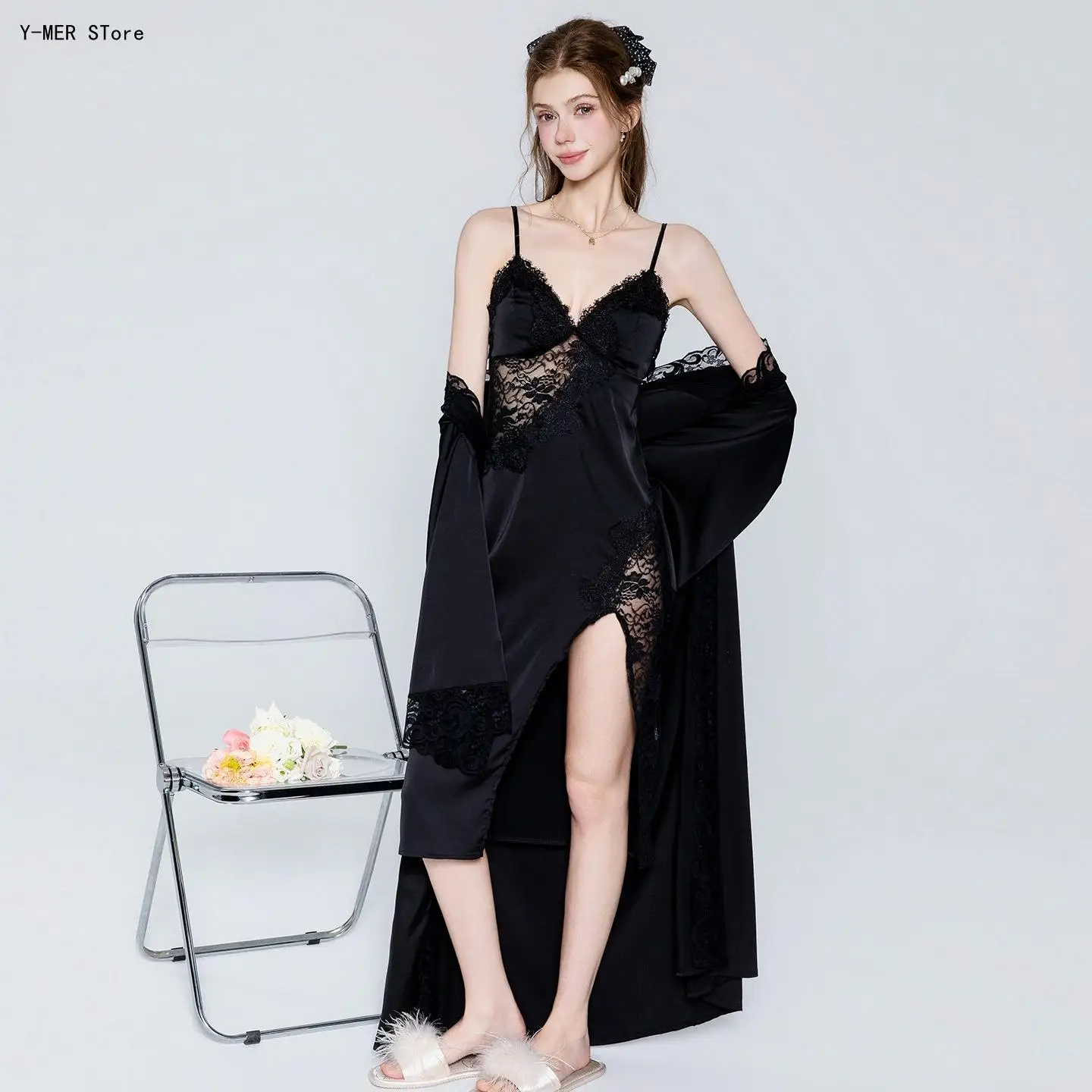 Women Side Slit Slip Nightgown and Outer Robe 2 Piece Set Casual Household Loungewear Loose Sleep Dress Suit Soft Comfort