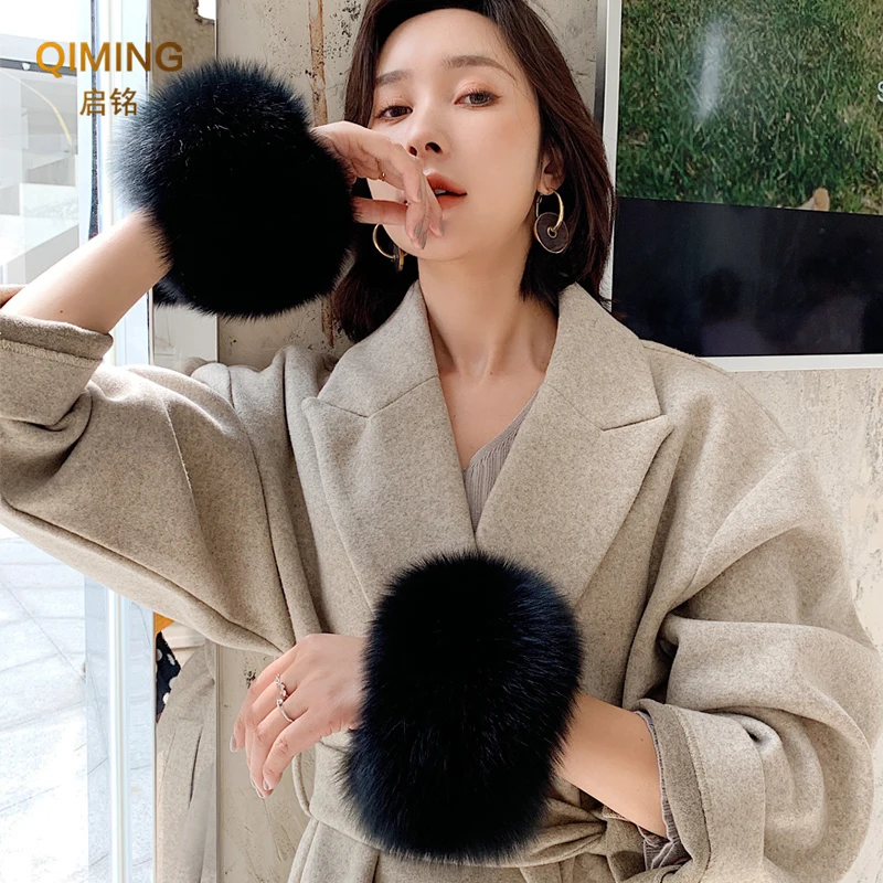 Winter Real Fox Fur Cuffs Warmer Furry Wrist Cuff Fur Sleeves Fluffy Fur Wrist Cuffs For Women Coat Arm Cuffs Bracelet Wristband