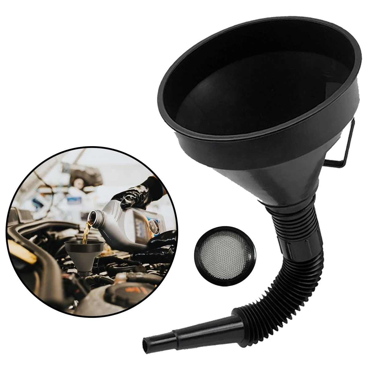 Wide Mouth Oil Funnel with Flexible Hose & Mesh Filter – Spill-Proof for Engine Oil, Fuel, Coolant & Fluids