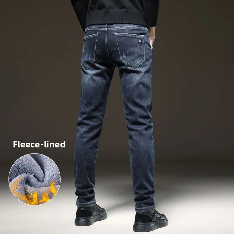 Celana Jeans Pria Model Y2K 2025, Longgar, Tebal, Berbahan Fleece, Kasual, Serbaguna, Kelas Atas, Slim Fit, Kaki Lurus, Musim Gugur Musim Dingin, Hangat